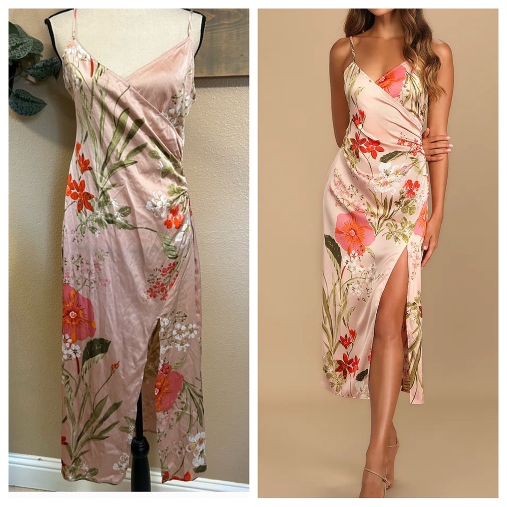 Remarkable Entrance Pink Floral Print Satin Midi Dress